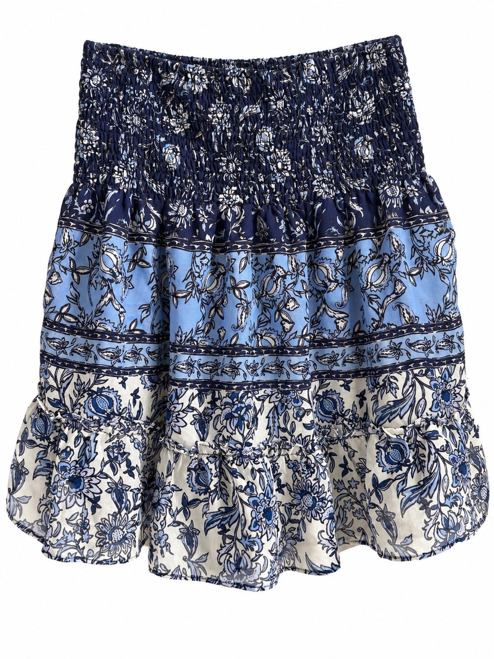 Aqua Blue Floral Smocked Mini Skirt Size S Lined Boho Ruffle